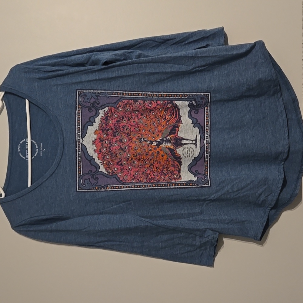 Lucky Brand Blue Long Sleeve Top with Peacock Design, Size Large